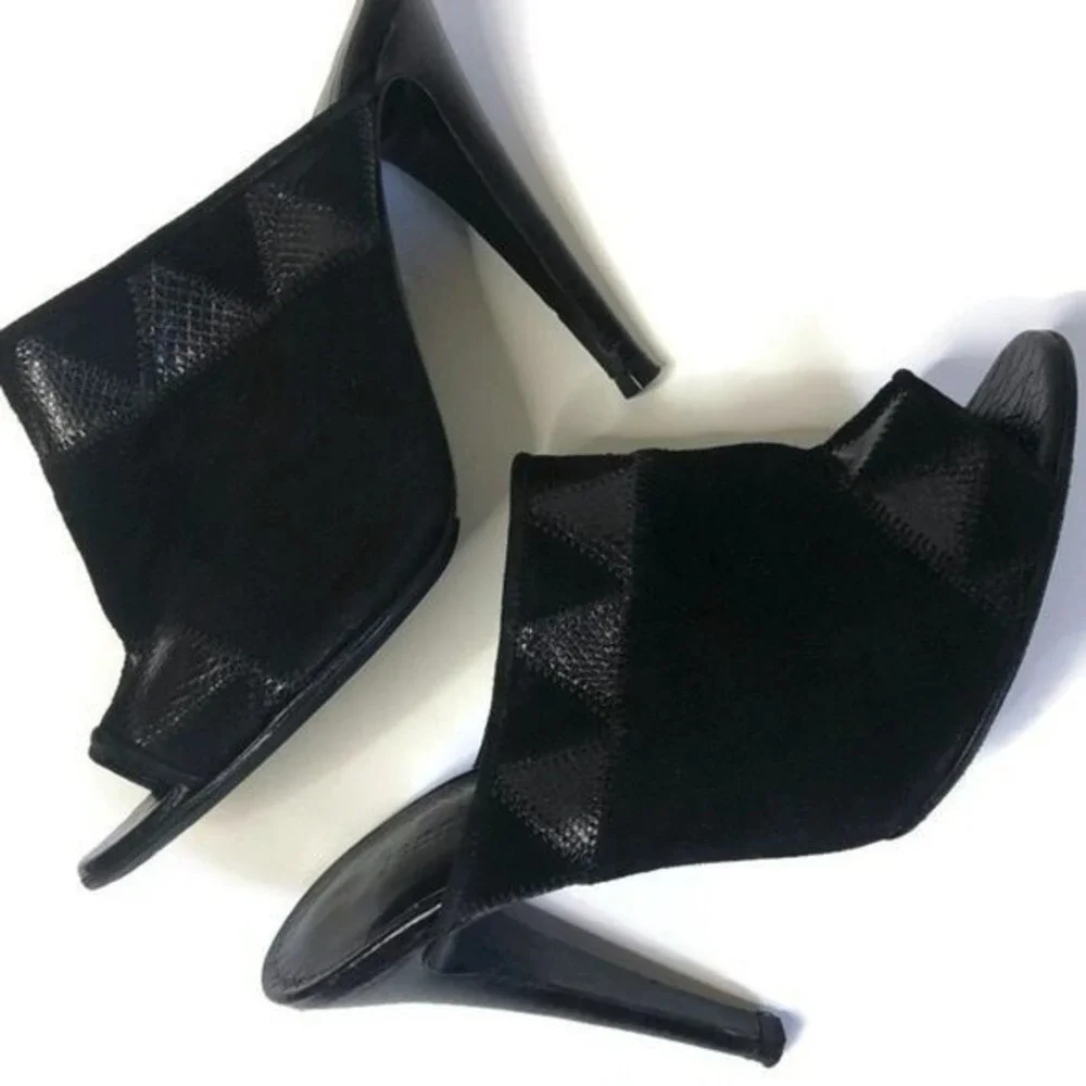 Jenni Kayne mule suede patchwork black embossed crocodile trim stiletto heels - Picture 8 of 9